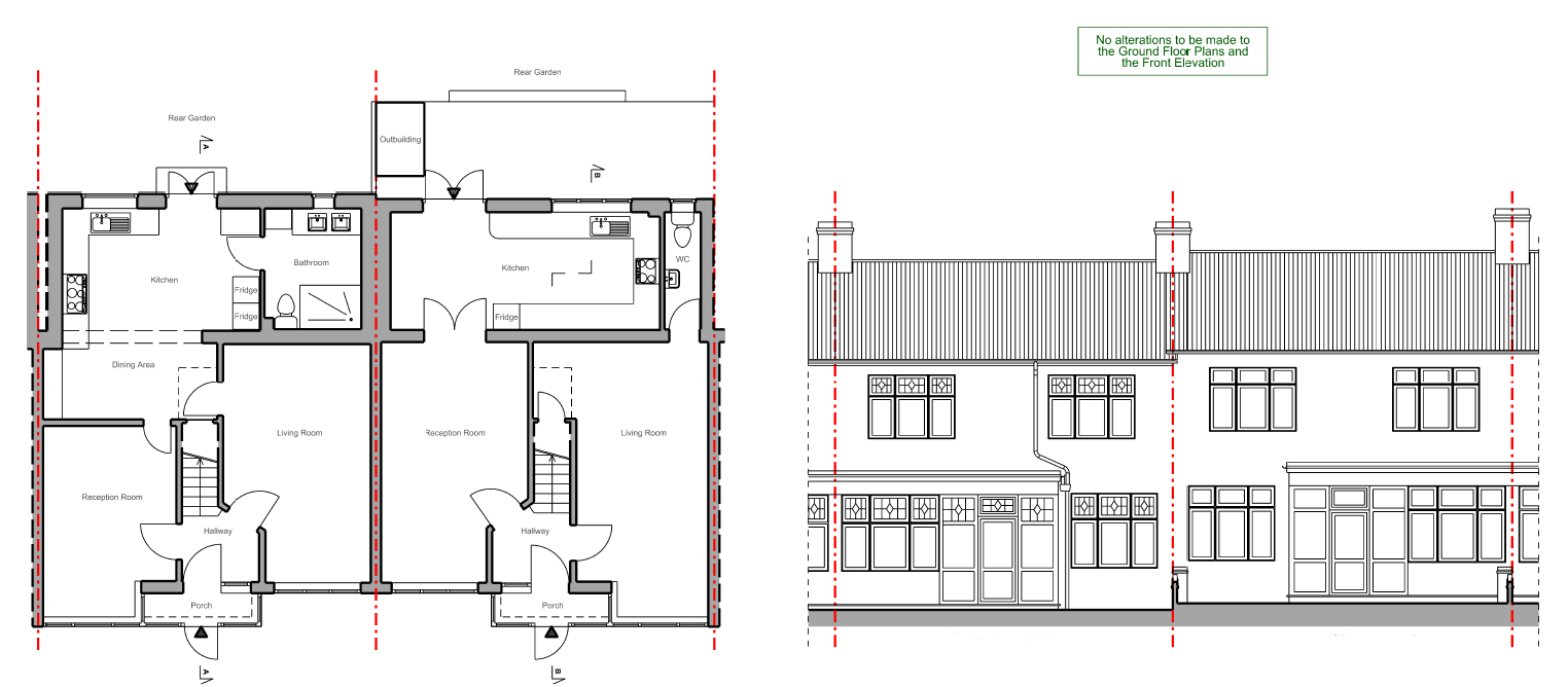 Existing ground floor plans of both houses and front elevation, both retained