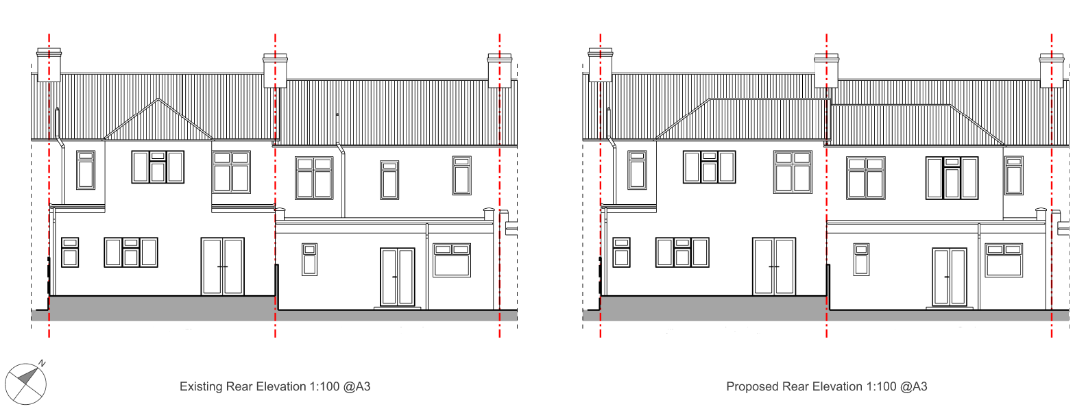 Existing rear elevation and proposed rear elevation showing new first floor extension