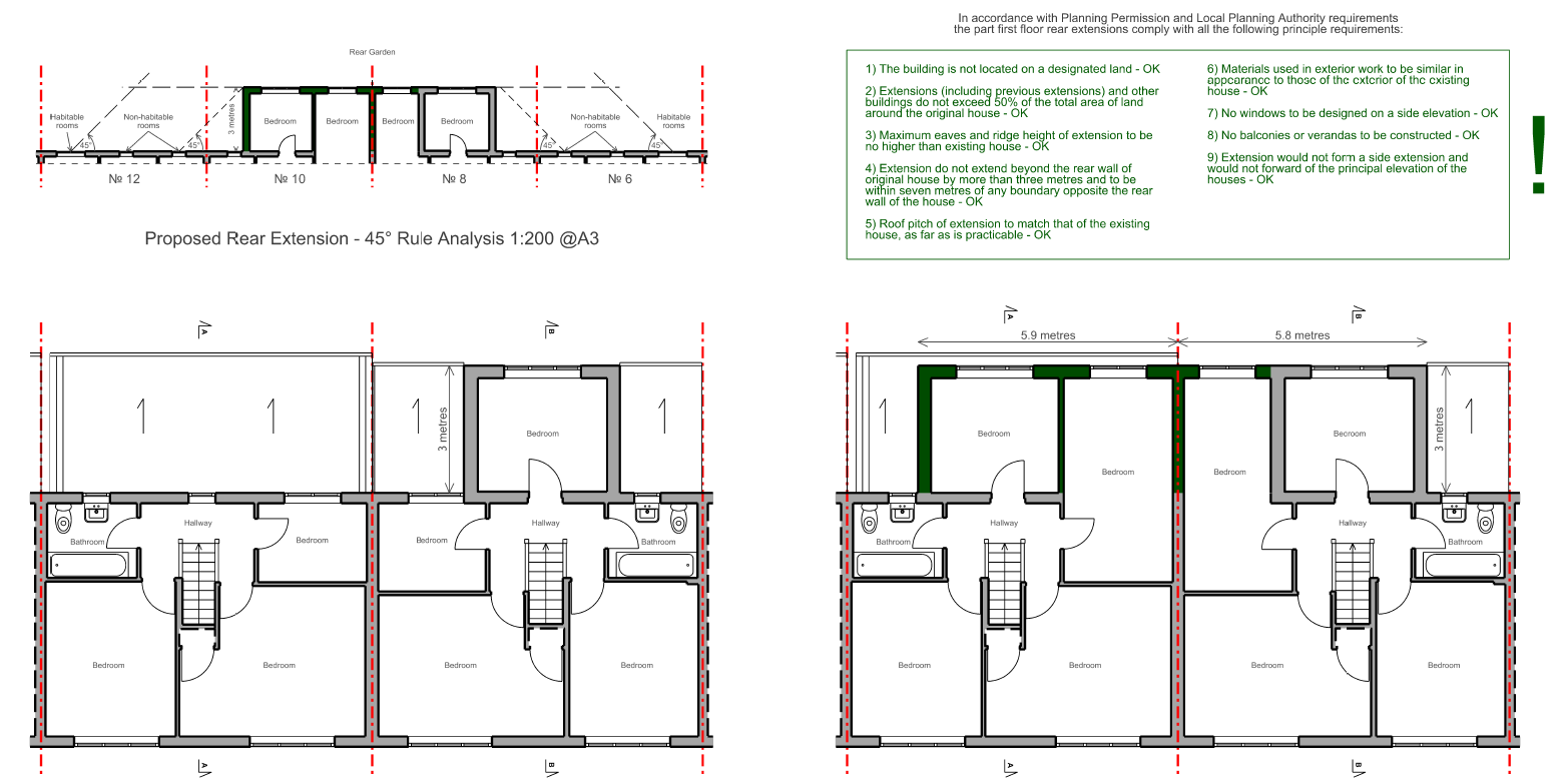 View analysis drawing showing 45 degree rule compliance from neighbouring windows