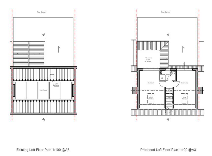 Existing loft floor plan and proposed loft floor plan side by side