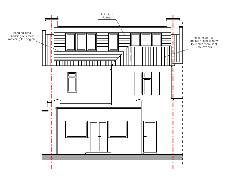 Proposed rear elevation drawing showing full width dormer with hanging tile cladding and false gable