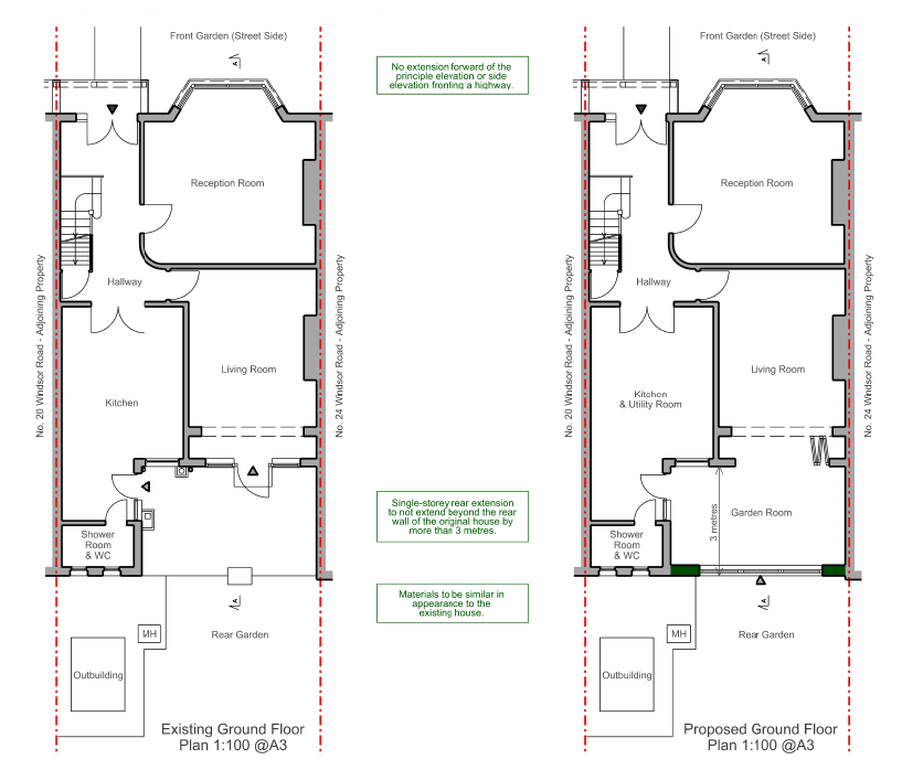 Existing and proposed ground floor plans side by side, with new garden room highlighted