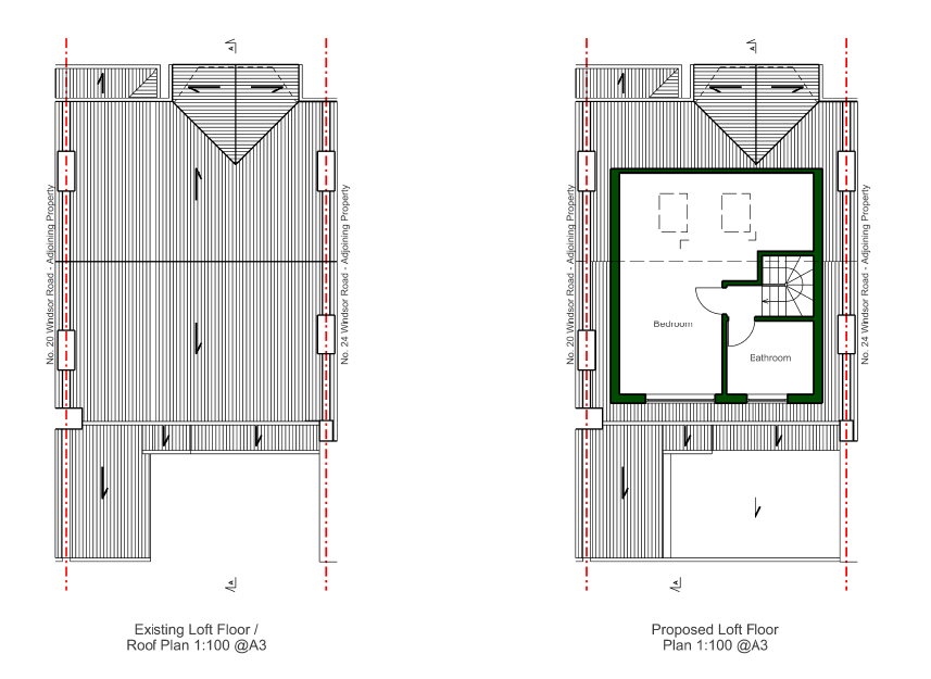 Existing roof plan and proposed loft conversion plan side by side