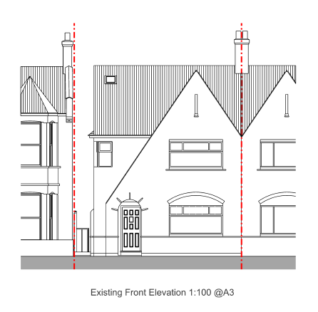 Existing front elevation drawing showing chimneys, gable and bay windows