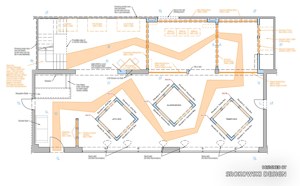 Floor plan showing three diamond-shaped product pavilions linked by an orange route