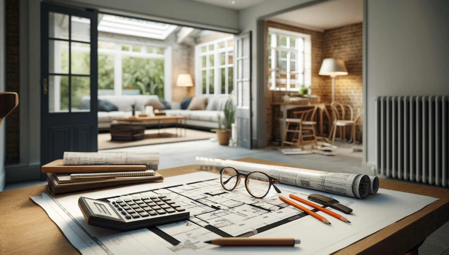 Architectural drawings, calculator and pencils on a desk, with a finished bright living space in the background